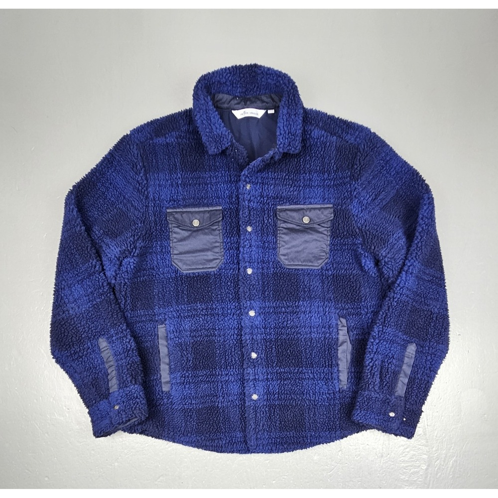 Peter Millar High Pile Fleece Jacket Mens XL Blue Black Sherpa‎ Snap Button